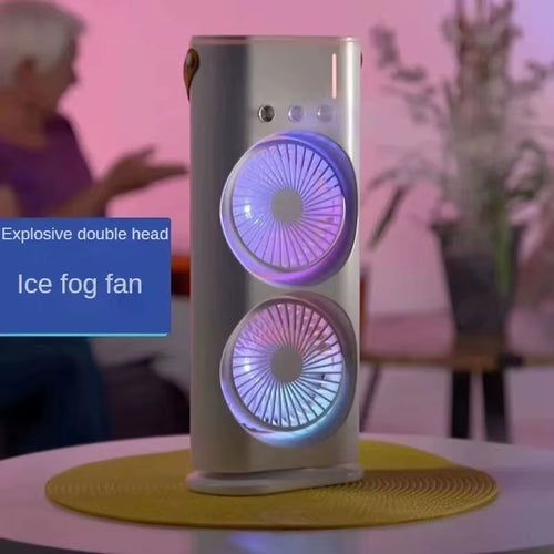 Load image into Gallery viewer, BreezeGlow™ 2-in-1 Dual Mist Cooling Fan – Chill, Hydrate &amp; Light Up Your Space
