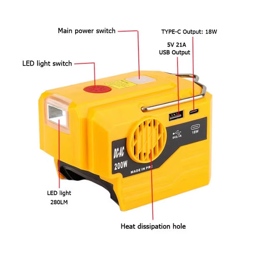Load image into Gallery viewer, PowerPro Dewalt Battery Inverter – 18V-20V DC to 120V/220V AC with Dual USB, Ultimate Outdoor Power Adapter
