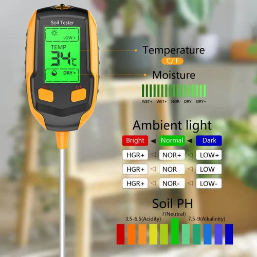 Load image into Gallery viewer, 4 in 1 Soil Moisture Meter Digital Plant Temperature Soil Moisture PH Meter Sunlight Intensity Environment Humidity
