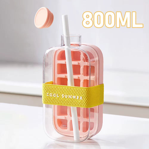 Load image into Gallery viewer, Fashion Water Bottle with Silicone Ice Cube Tray with Straw Zero-Contact Pressure Ice Cube Mold 500/800Ml Kettle Beverage Cup
