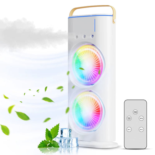 Load image into Gallery viewer, BreezeGlow™ 2-in-1 Dual Mist Cooling Fan – Chill, Hydrate &amp; Light Up Your Space
