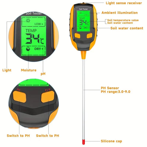 Load image into Gallery viewer, SmartGrow 4-in-1 Digital Soil Meter – Moisture, pH, Temperature &amp; Sunlight Intensity for Perfect Plant Care
