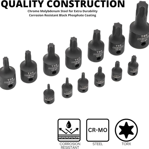 Load image into Gallery viewer, 10281B Impact Torx Bit Socket Set 13 Piece 6 Point Star Sockets Heavy Duty Impact Grade Cr-Mo T10 to T60 High Impact ABS Blow Molded Storage Case
