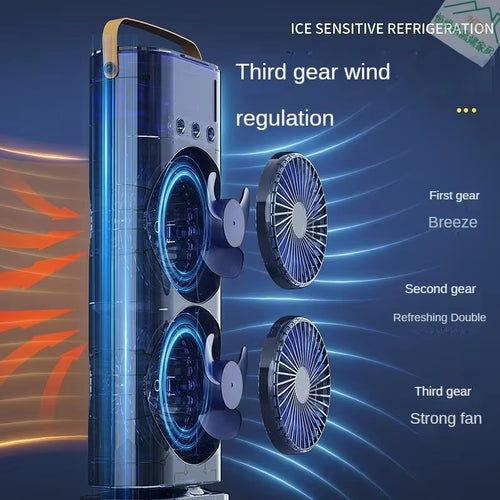 Load image into Gallery viewer, BreezeGlow™ 2-in-1 Dual Mist Cooling Fan – Chill, Hydrate &amp; Light Up Your Space
