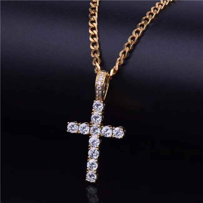 Bubble Letter Cross Necklace for Men Pendant Gold Color Copper Material Hip Hop Jewelry
