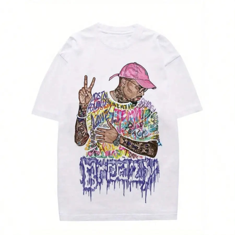 Hip Hop Man Print T-Shirt Cotton Vintage Style Round Neck Soft And Breathable
