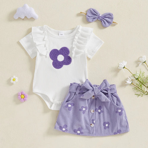 Load image into Gallery viewer, Adorable Baby Girl Floral Print Romper with Matching Skirt and Headband Set for Summer Outings and Photoshoots
