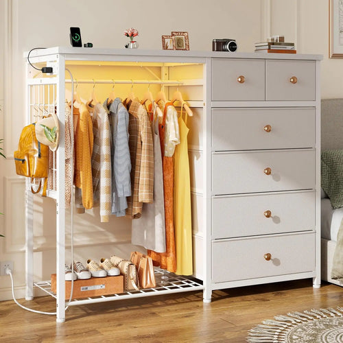 Load image into Gallery viewer, 49.2&quot; W White Dresser for Bedroom with Hanging Rack, 6 Drawers Dresser with LED Lights &amp; Charging Station, Fabric Dressers
