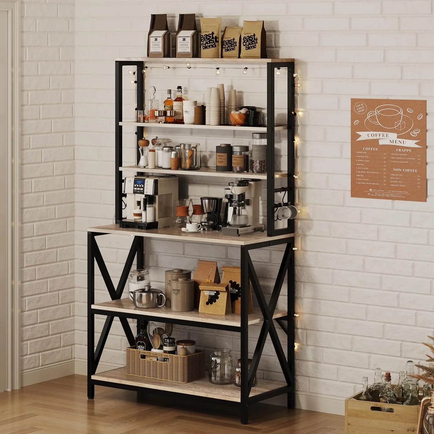 6-Tier Kitchen Bakers Rack, 31.5 Inch Coffee Bar Table, Farmhouse Microwave Oven Stand Cabinet for Small Spaces,Corner Organizer