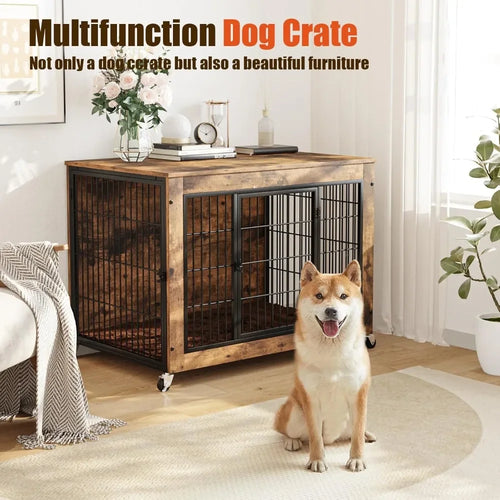 Load image into Gallery viewer, 32 Inch Dog Crate Furniture with Cushion, Wooden Double Doors Kennel Cage Indoor with Wheels, Pet House Decorative Side
