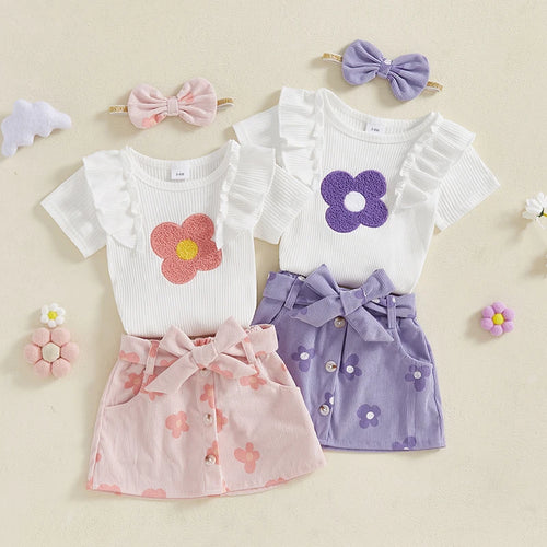Load image into Gallery viewer, Adorable Baby Girl Floral Print Romper with Matching Skirt and Headband Set for Summer Outings and Photoshoots
