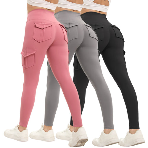 Load image into Gallery viewer, 3PCS Women&#39;s Solid Color Gym Leggings High Waisted Fitness Yoga Pants Practical Pocket Stretch Outdoors Sports Cargo Styles
