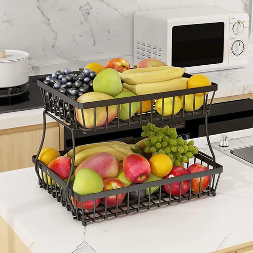 Load image into Gallery viewer, 2-Layer Metal Fruit Basket, Countertop Storage Rack for Kitchen, Bathroom, Living Room - Detachable, Black
