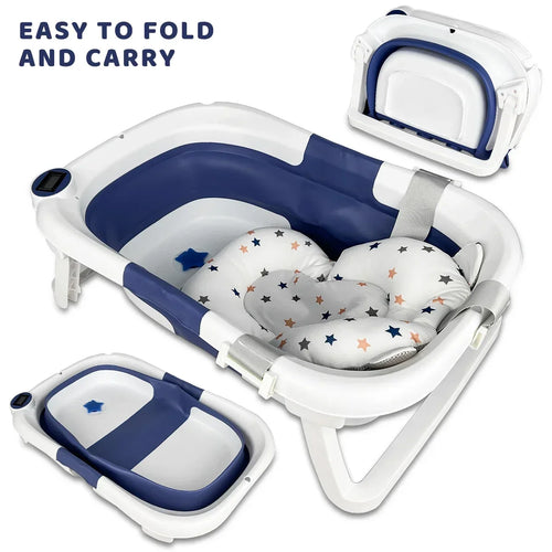 Load image into Gallery viewer, Baby BathTub with Bath Cushion, Portable and foldable, real-time temperature sensor, with a drainage hole
