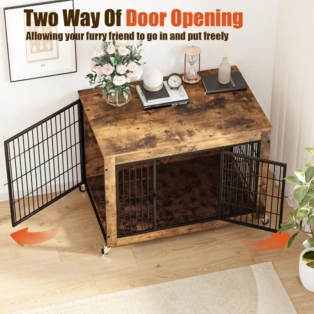 32 Inch Dog Crate Furniture with Cushion, Wooden Double Doors Kennel Cage Indoor with Wheels, Pet House Decorative Side