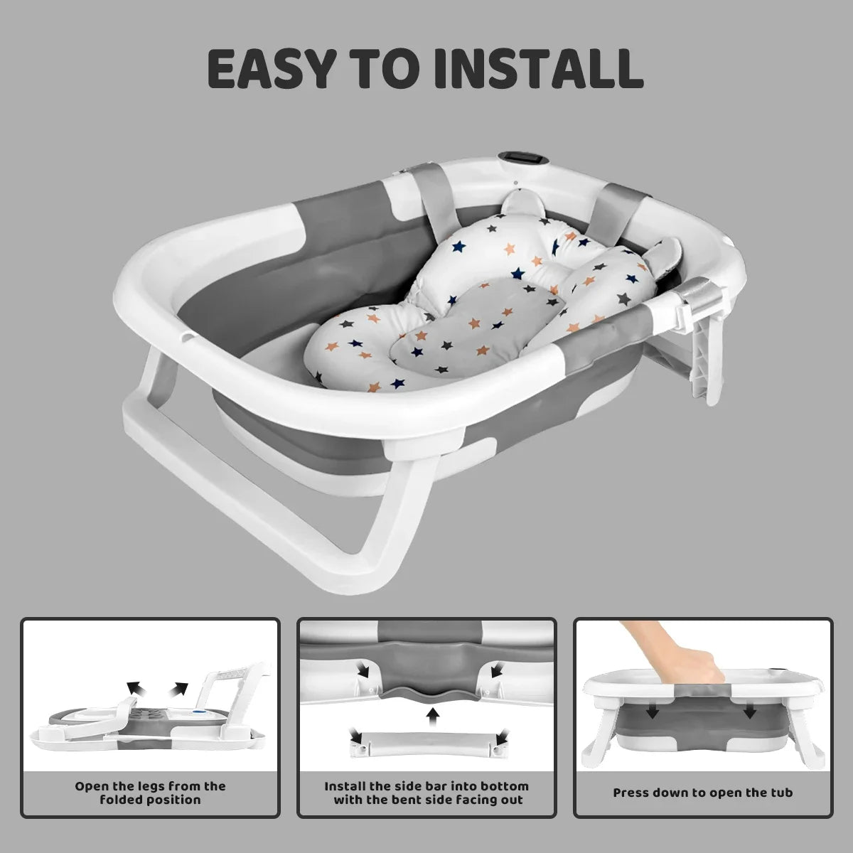 Baby BathTub with Bath Cushion, Portable and foldable, real-time temperature sensor, with a drainage hole