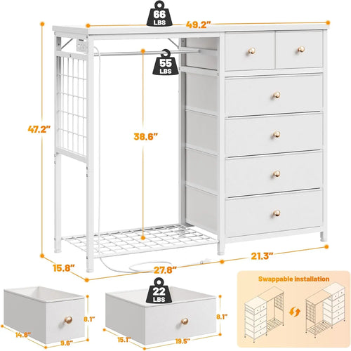 Load image into Gallery viewer, 49.2&quot; W White Dresser for Bedroom with Hanging Rack, 6 Drawers Dresser with LED Lights &amp; Charging Station, Fabric Dressers
