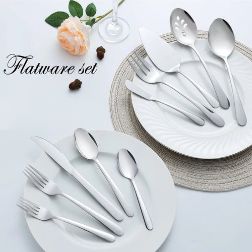 Load image into Gallery viewer, 65 Pcs Silverware Set with Serving Set for 12, Stainless Steel Flatware Cutlery Set Contains 5 Pcs Serving Set, for Home
