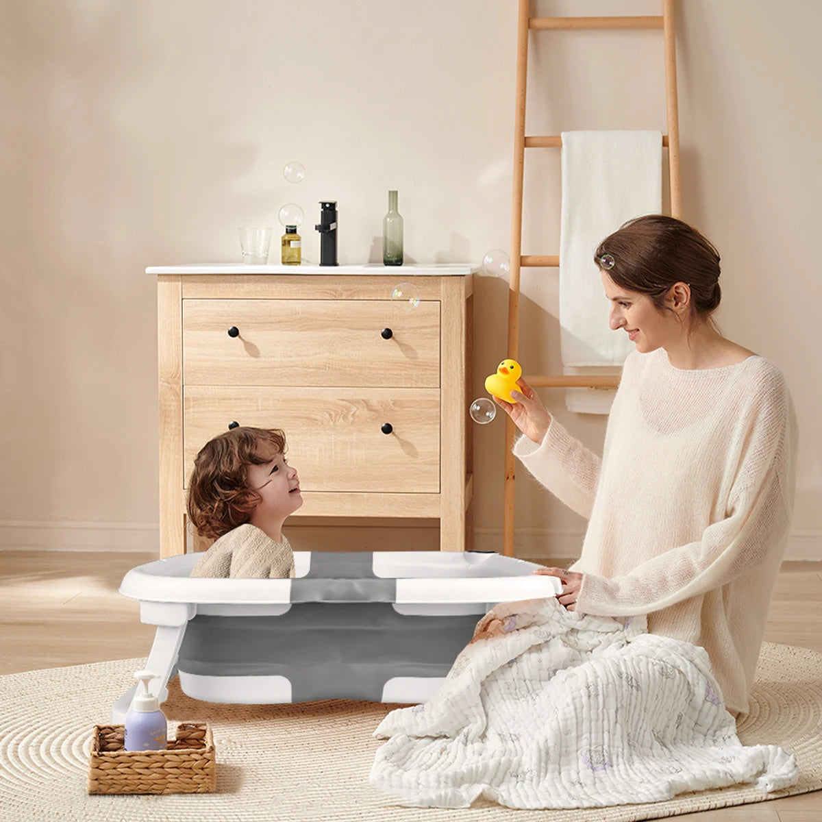 Baby BathTub with Bath Cushion, Portable and foldable, real-time temperature sensor, with a drainage hole