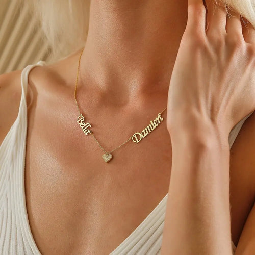 Load image into Gallery viewer, Two Pave Zircon Heart Custom Name Necklaces for Women Wedding Gift Minimalist Jewelry Personalized Multiple Names Charm Choker
