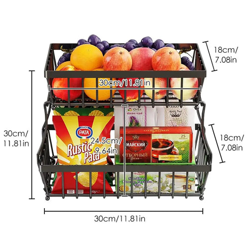 Load image into Gallery viewer, 2-Layer Metal Fruit Basket, Countertop Storage Rack for Kitchen, Bathroom, Living Room - Detachable, Black
