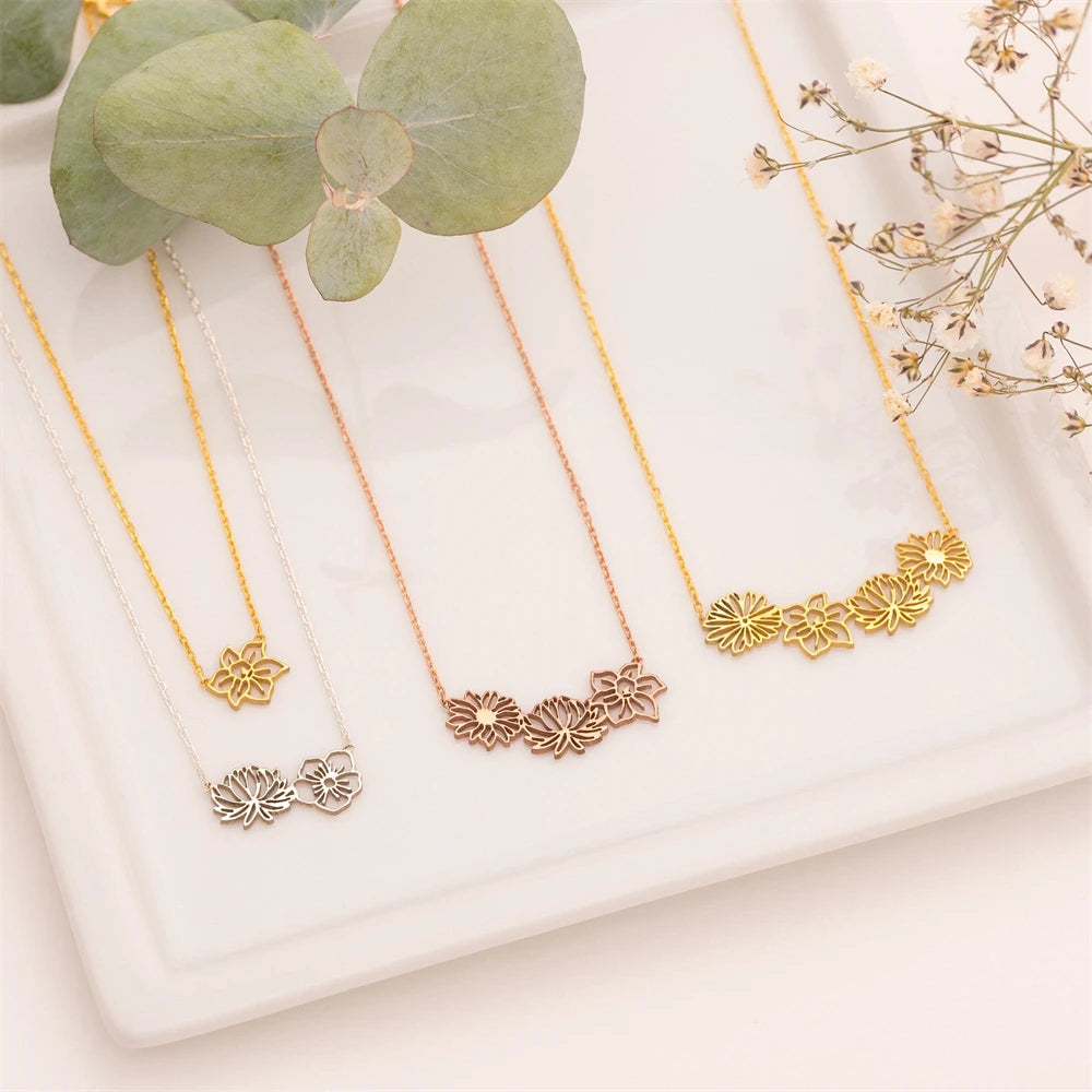 Custom Combined Birth Flower Necklace for Mom Personalized 12 Month Flower Stainless Steel Necklaces Jewelry Mothers Day Gift