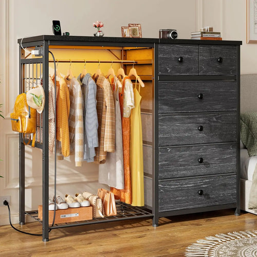 Load image into Gallery viewer, 49.2&quot; W White Dresser for Bedroom with Hanging Rack, 6 Drawers Dresser with LED Lights &amp; Charging Station, Fabric Dressers
