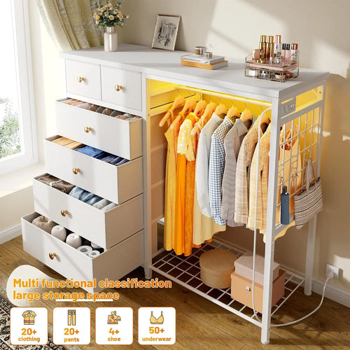 Load image into Gallery viewer, 49.2&quot; W White Dresser for Bedroom with Hanging Rack, 6 Drawers Dresser with LED Lights &amp; Charging Station, Fabric Dressers
