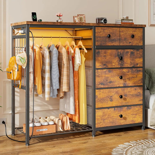 Load image into Gallery viewer, 49.2&quot; W White Dresser for Bedroom with Hanging Rack, 6 Drawers Dresser with LED Lights &amp; Charging Station, Fabric Dressers
