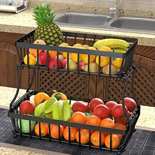 Load image into Gallery viewer, 2-Layer Metal Fruit Basket, Countertop Storage Rack for Kitchen, Bathroom, Living Room - Detachable, Black
