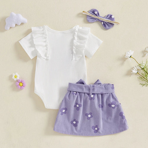Load image into Gallery viewer, Adorable Baby Girl Floral Print Romper with Matching Skirt and Headband Set for Summer Outings and Photoshoots
