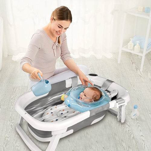 Load image into Gallery viewer, Baby BathTub with Bath Cushion, Portable and foldable, real-time temperature sensor, with a drainage hole
