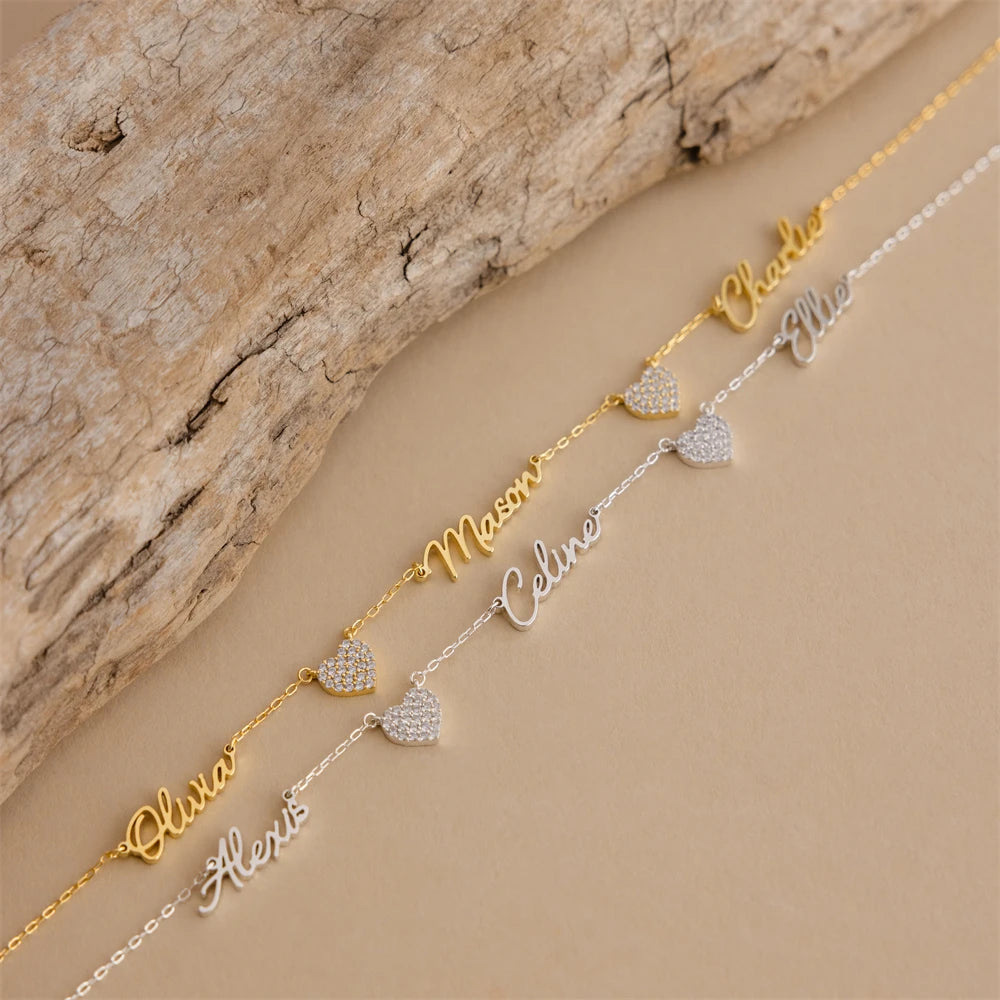 Two Pave Zircon Heart Custom Name Necklaces for Women Wedding Gift Minimalist Jewelry Personalized Multiple Names Charm Choker