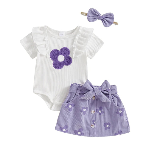 Load image into Gallery viewer, Adorable Baby Girl Floral Print Romper with Matching Skirt and Headband Set for Summer Outings and Photoshoots
