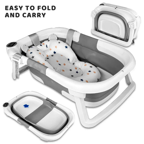 Load image into Gallery viewer, Baby BathTub with Bath Cushion, Portable and foldable, real-time temperature sensor, with a drainage hole
