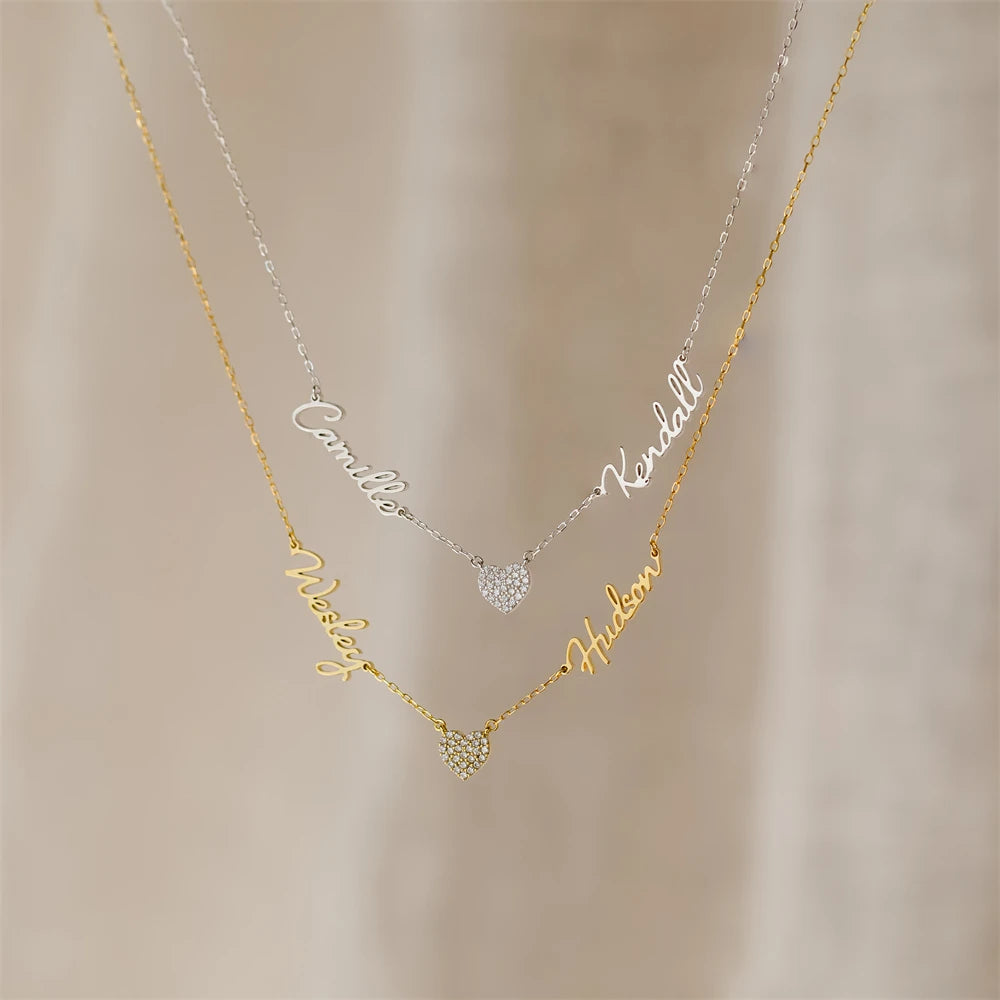 Two Pave Zircon Heart Custom Name Necklaces for Women Wedding Gift Minimalist Jewelry Personalized Multiple Names Charm Choker