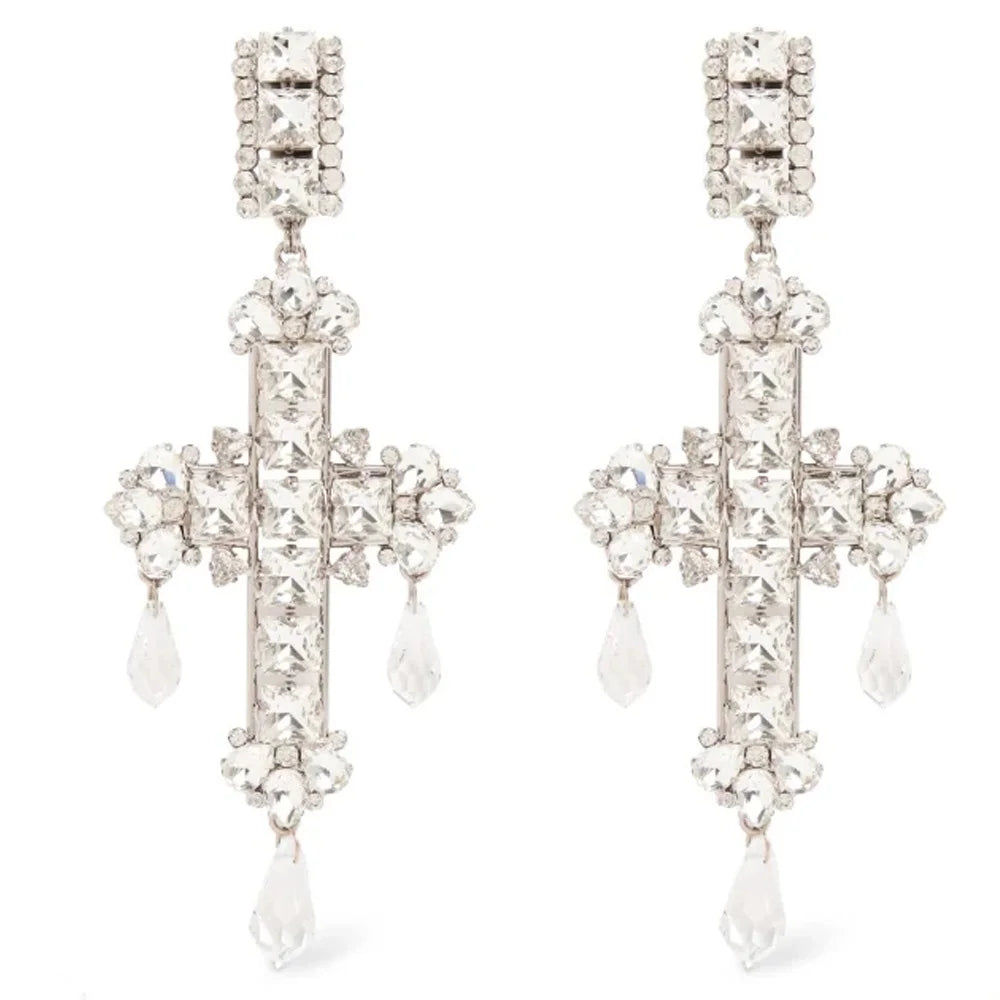 Stonefans Fashion Water Drop Pendant Cross Earrings Jewelry for Women Exaggerated Rhinestone Crystal Dangle Earrings Accessories