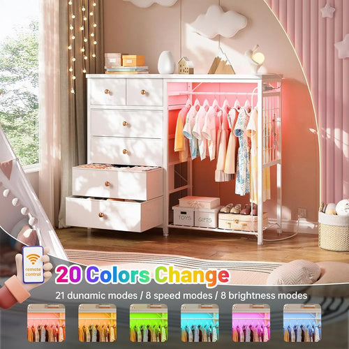 Load image into Gallery viewer, 49.2&quot; W White Dresser for Bedroom with Hanging Rack, 6 Drawers Dresser with LED Lights &amp; Charging Station, Fabric Dressers

