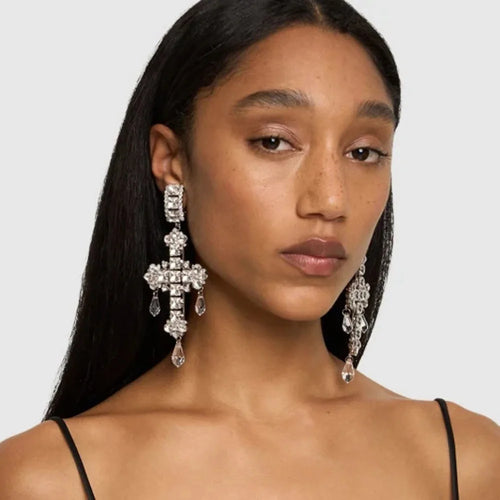 Load image into Gallery viewer, Stonefans Fashion Water Drop Pendant Cross Earrings Jewelry for Women Exaggerated Rhinestone Crystal Dangle Earrings Accessories
