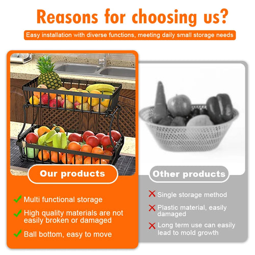 Load image into Gallery viewer, 2-Layer Metal Fruit Basket, Countertop Storage Rack for Kitchen, Bathroom, Living Room - Detachable, Black
