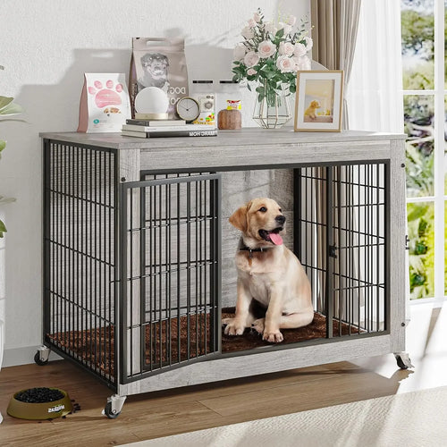 Load image into Gallery viewer, 32 Inch Dog Crate Furniture with Cushion, Wooden Double Doors Kennel Cage Indoor with Wheels, Pet House Decorative Side
