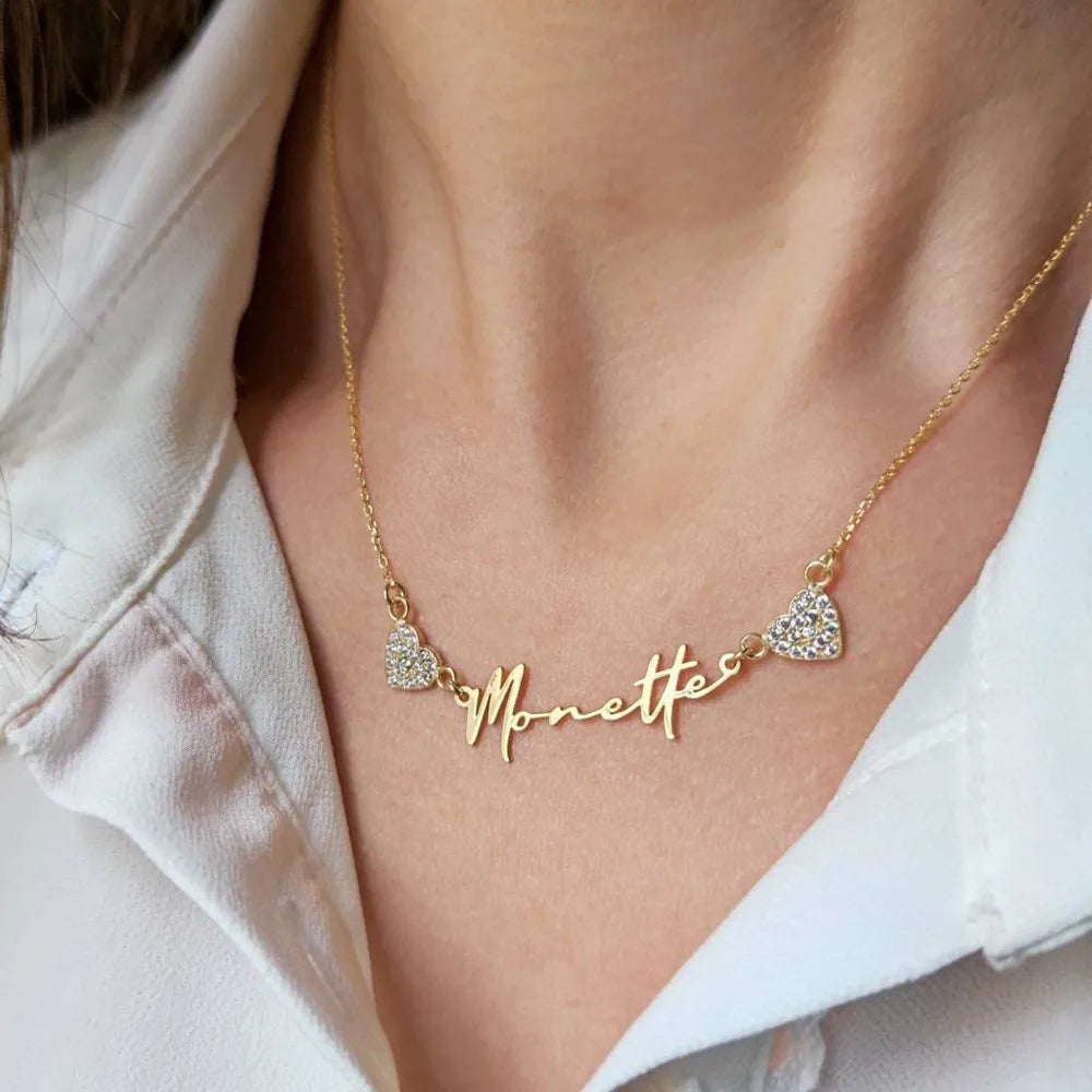 Two Pave Zircon Heart Custom Name Necklaces for Women Wedding Gift Minimalist Jewelry Personalized Multiple Names Charm Choker