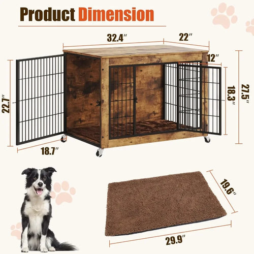 Load image into Gallery viewer, 32 Inch Dog Crate Furniture with Cushion, Wooden Double Doors Kennel Cage Indoor with Wheels, Pet House Decorative Side
