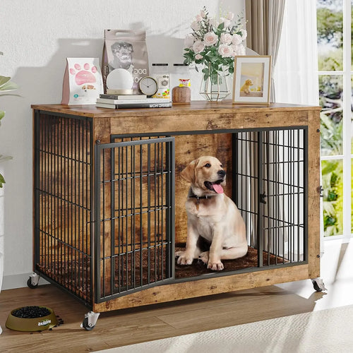 Load image into Gallery viewer, 32 Inch Dog Crate Furniture with Cushion, Wooden Double Doors Kennel Cage Indoor with Wheels, Pet House Decorative Side
