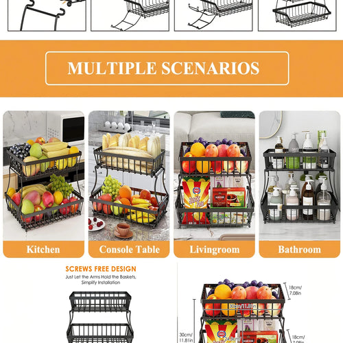 Load image into Gallery viewer, 2-Layer Metal Fruit Basket, Countertop Storage Rack for Kitchen, Bathroom, Living Room - Detachable, Black
