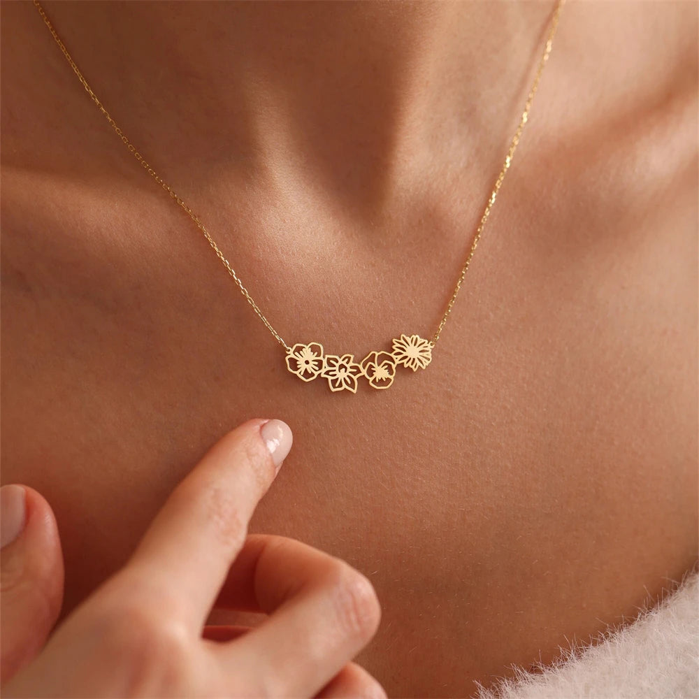 Custom Combined Birth Flower Necklace for Mom Personalized 12 Month Flower Stainless Steel Necklaces Jewelry Mothers Day Gift