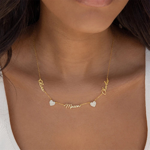 Load image into Gallery viewer, Two Pave Zircon Heart Custom Name Necklaces for Women Wedding Gift Minimalist Jewelry Personalized Multiple Names Charm Choker
