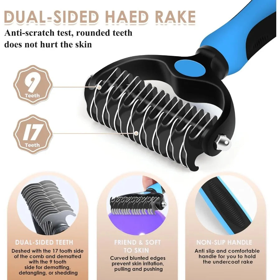 Large Slicker Brush for Dogs 3PC Pet Grooming Kit with Undercoat Rake and Stainless Steel Comb for Thick Coats Long Pins Effect