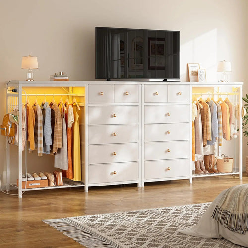 Load image into Gallery viewer, 49.2&quot; W White Dresser for Bedroom with Hanging Rack, 6 Drawers Dresser with LED Lights &amp; Charging Station, Fabric Dressers
