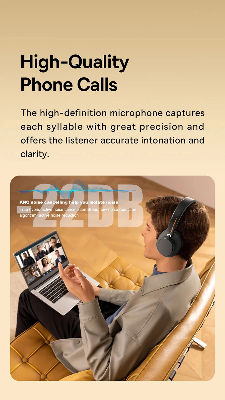 ANC Noise Cancelling Headphones Bluetooth 5.4 Earphone HIFI Stereo Headset 40mm Driver portable Over Ear Headphone 60H Time